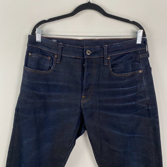 G Star Raw 3301 Straight Tapered Jeans Mens 33x34 Dark Wash Button Fly Stretch - Picture 2 of 14